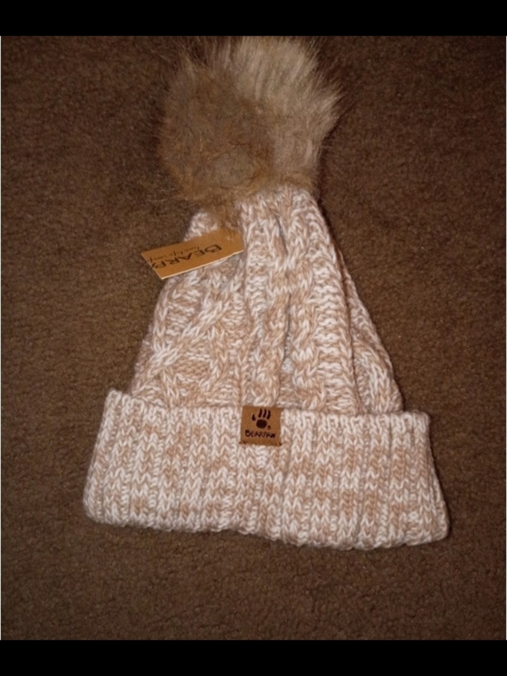BearPaw Cream and Tan Knit Pom Beanie